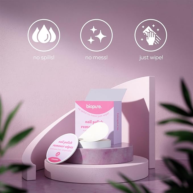 Biopure Nail Polish Remover Wipes Acetone-Free & Non-Toxic – Quick & Easy Nail Polish Removal, Travel-Friendly Disposable Pads w/Sealable Jar (90 Count, Unscented)