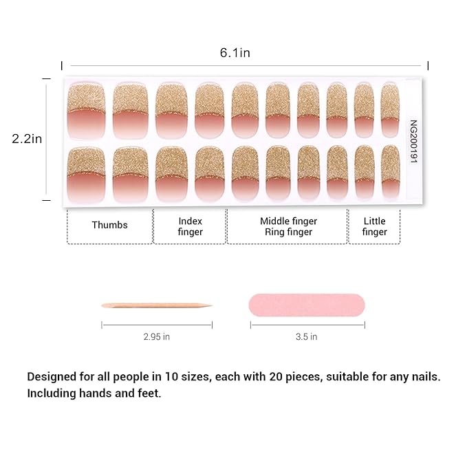 Semi Cured Gel Nail Strips, 20pcs Real Nail Polish Art Stickers, Golden Sunset Gel Nail Stickers - Work with Any UV Lamp, Long Lasting Full Wraps with Nails File and Stick