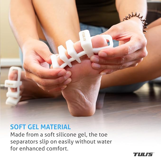 Tuli's Soft Moves Adjustable Toe Separators, Silicone Toe Spacers for Alignment, Bunions, Hammertoes, Plantar Fasciitis, Yoga, Morton’s Neuroma, and Foot Health, One Size Fits All, White