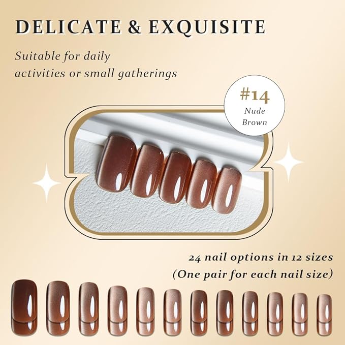 Nude Brown Cat Eye Press on Nails Medium Square, Medium Square Press Glue on Nails Chrome for Women Gift, Brown Holographic Glitter Glossy Reusable Soft Gel Acrylic Fake Nail with Design Cateye Effect