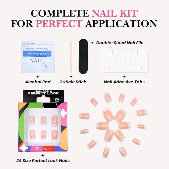 Perfect Look Press On Nails - Floral French | No Glue One-Day Medium Square Nails, Nude Glossy Nails with Flower Tips - 24 Pcs Nail Kit with Adhesive Tabs
