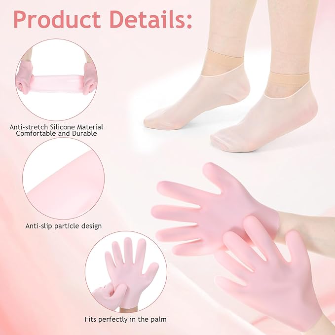 4Pairs Silicone Socks Gloves Set for Dry Cracked Feet and Hands, Anti Slip Soft Feet Moisturizer Socks Moisturizing Gloves for Softening, Care After Pedicure (Pink, Nude)