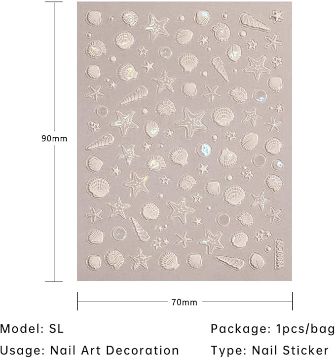 Summer Ocean Style 5D Embossed Dream Shell Starfish Jellyfish Beach Nail Stickers - DIY Nail Art Decorations for Summer Vacation A Set of 3 Sheets