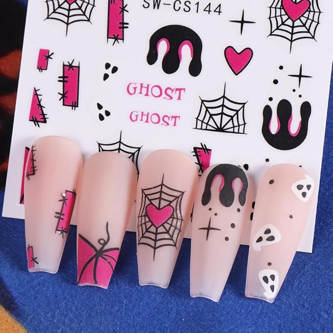 6 Sheets Halloween Nail Art Stickers Decals 3D Self-Adhesive Cartoon Bat Spider Web Skull Nail Stickers French Flame Spider Web Heart Nail Decals Supplies for Women DIY Holiday Manicure Decorations