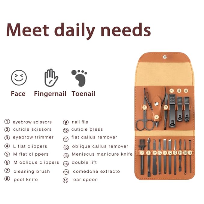 Custom Manicure and Pedicure Set, Customize 16 in 1 Nail Care Kit with Nail Clippers, Cuticle Trimmer, Tweezers, Metal File, Pedicure Tools for Home, Travel or Christmas Birthday Gift Use (Brown)