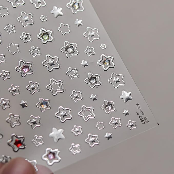 Star Nail Art Stickers Decals Shiny Silver Star 5D Embossed Nail Decals with Crystal, 1PCS Hollowed Stars Self-Adhesive Nails Design Manicure Sliders Y2K Nail Art Supplies for Women DIY Decorations