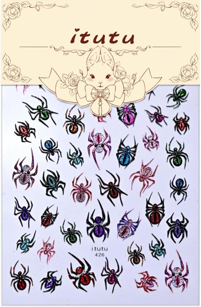 Halloween Nail Sticker 5D Embossed Scary Spider Nail Art Sticker Self Adhesive Nail Decals Colorful Spider Nail Art Decals for Nail Decoration Supplies for Women Girls DIY Manicure