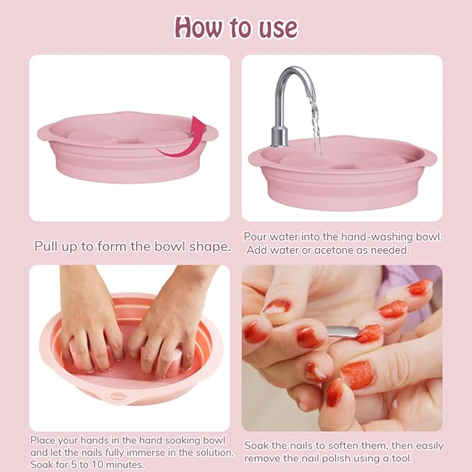 Nail Soaking Bowl, Silicone Foldable Soak Off Gel Polish Dip Powder Manicure Remover Bowl, with Cuticle Pusher, Cuticle Peeler, Nail File