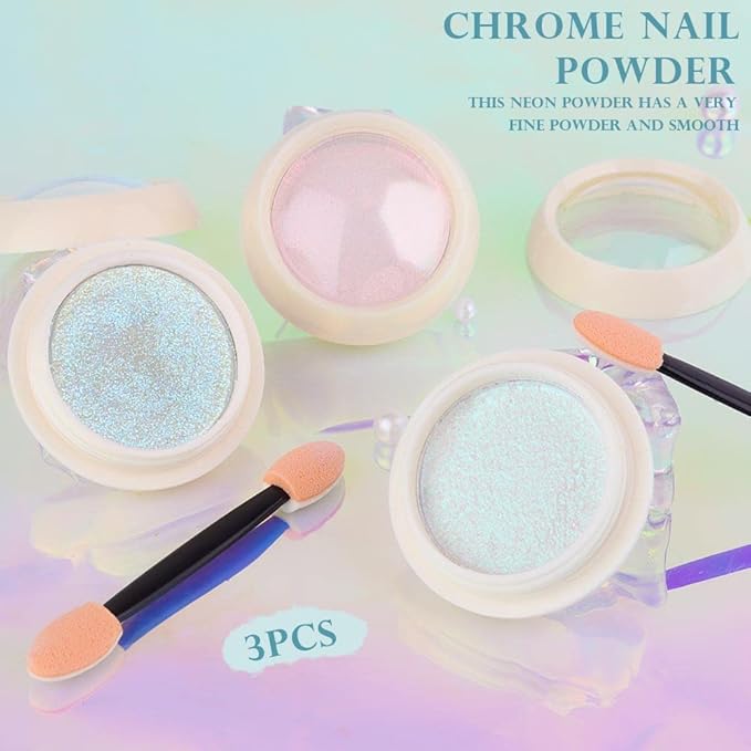 evpct 3Pcs Chrome Nail Powder Kit for Nails Polish Blue Pink Green Pearl Mermaid Rainbow Holographic Iridescent Chameleon Metallic Neon Pigment Mirror Chrome Nail Powder for Gel Nails Glitter