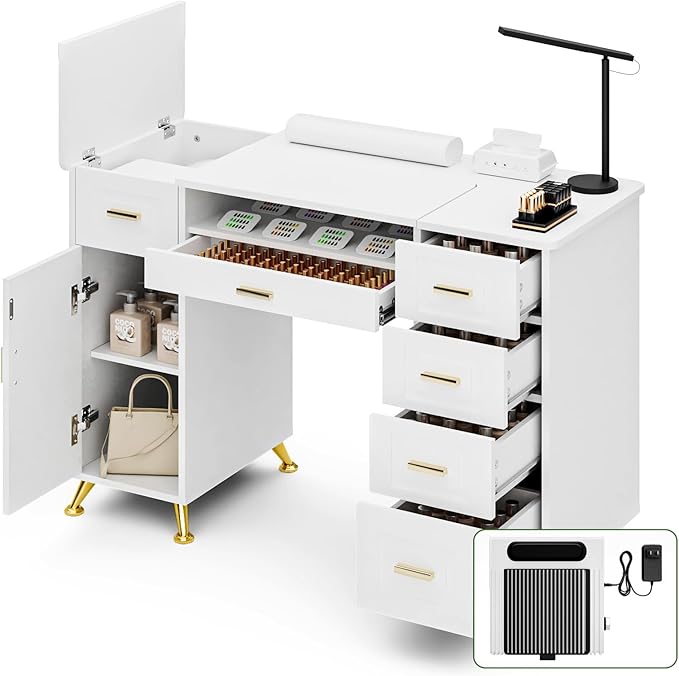 Manicure Table with Removable Panel, Nail Tech Desk with Dust Collector, Drawers & Storage, Nail Station for Salon or Home Studio (White)
