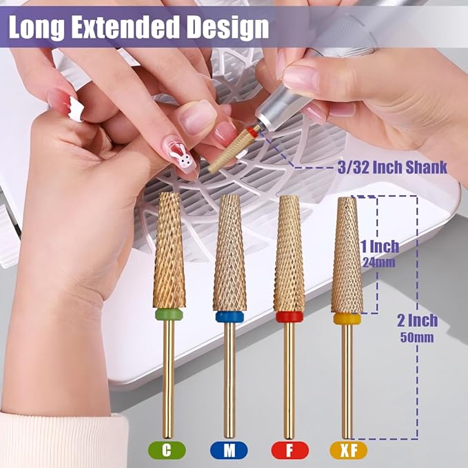 Yakamoz 4Pcs Super Long Nail Drill Bits Set, 3/32" Professional Carbide Tungsten Nail File Bits C M F XF Safety Efile Nail Bits for Nails Gel Polish Manicure Pedicure