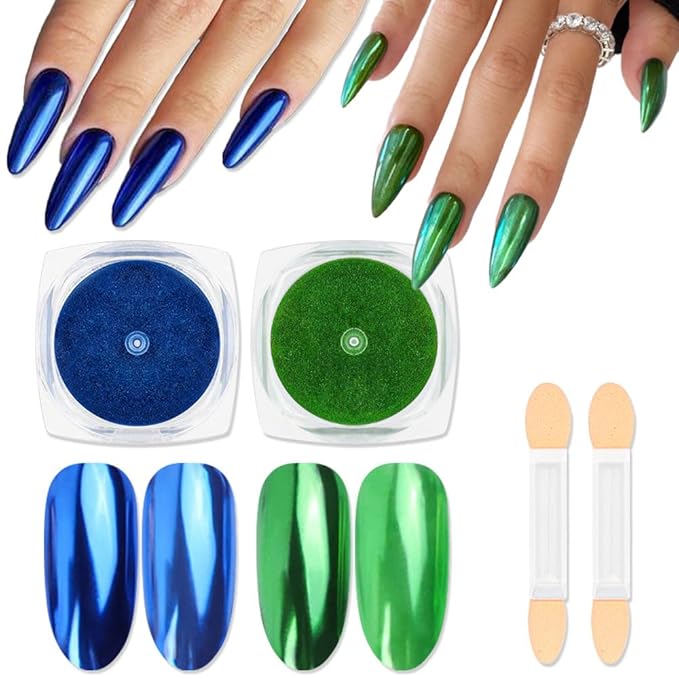evpct 2Pcs Blue Green Metallic Mirror Effect Chrome Nail Powder Kit for Nails Polish Rainbow Holographic Iridescent Chameleon Neon Nail Pigment Mirror Chrome Nail Powder for Gel Nails Glitter
