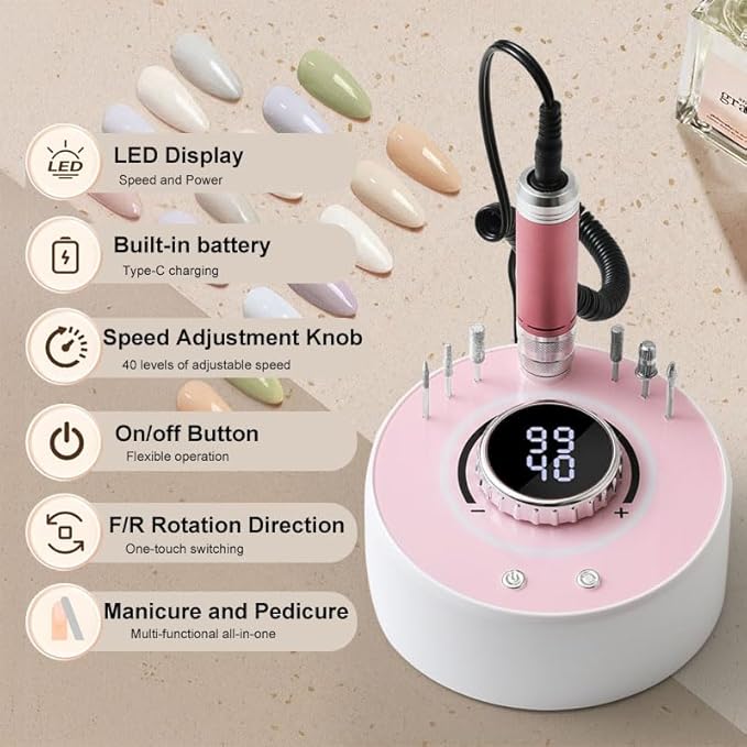 Electric Nail Drill File, Professional 40000RPM Nail E-File Drill, Rechargeable Cordless Nail Drill with Bits & Base for Acrylic Nails Remove Nail Gel Polish Manicure for Home Salon Use (Pink)
