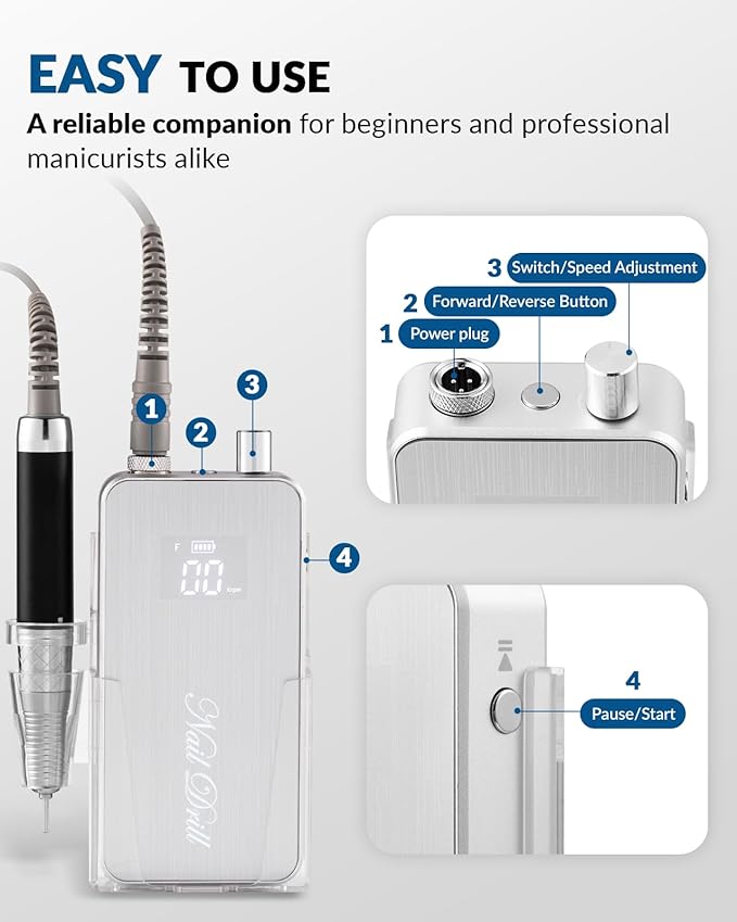 BAOSHISHAN Professional Electric Nail Drill Machine, Portable 35000RPM Rechargeable Cordless Efile With Case for Acrylic Gel, Home Salon, 11pcs Drill Bits