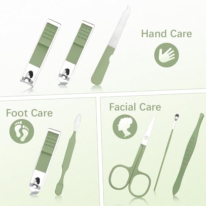 Green Manicure Set, Nail Clipper Set 7 in 1 Manicure Kit Stainless Steel Nail Clipper Kit Pedicure Kit Portable Nail Grooming Kit Fingernail Toenail Clippers for Men Husband Boyfriend Women