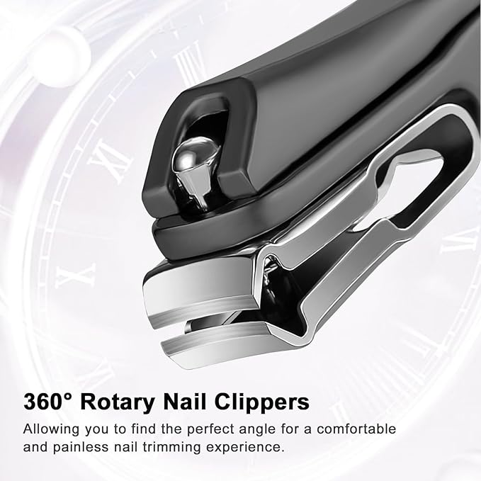 Toe Nail Clippers for Seniors, 360° Rotating Long Handle Fingernail Clipper Ergonomic Nail Cutter for Men Women Premium Steel Nail Trimmer with Glass Nail File for Thick Toenails (Black)
