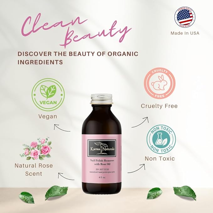 Karma Organic Nail Polish Remover with Rose Oil - Non Toxic, Vegan, Cruelty Free, Acetone free – Nails Strengthener for Fingernails – 4 fl. Oz