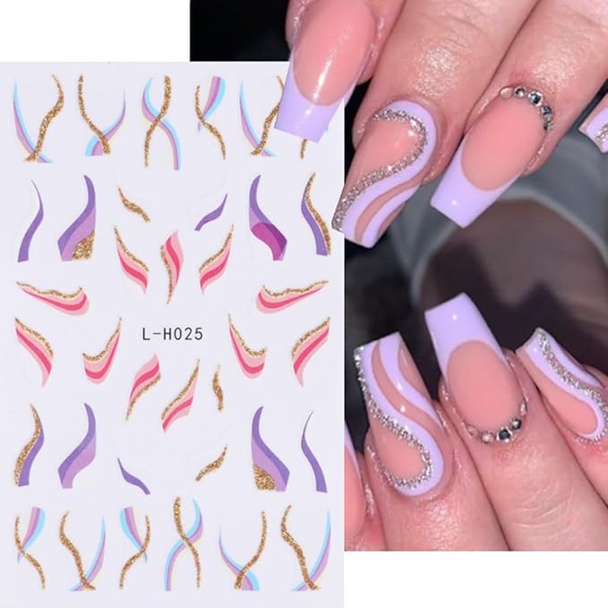 12PCS Line Nail Stickers 3D Colorful Lines Nail Decals Self-Adhesive Nail Art Supplies Gold Glitter Curve Waves Pink Stripes Nail Designs French Nail Tips DIY Manicure Decoration Accessories for Women