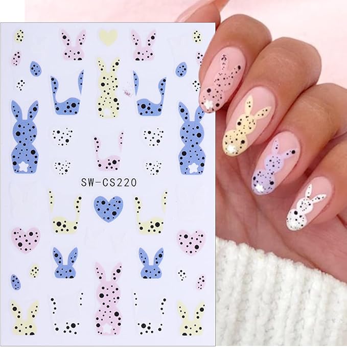 6 Sheets Easter Nail Art Stickers 3D Self-Adhesive Bunny Nail Stickers Rabbits Chick Egg Nail Design Easter Nail Decals Cute Nails Decoration Supplies for Women Girls DIY Acrylic Nails Accessories