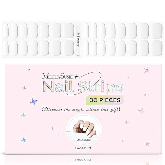 MelodySusie White Gel Nail Strips, 30pcs, Salon Quality, Long Lasting, Easy Apply & Remove, Includes Prep Pads, Nail File & Wooden Stick