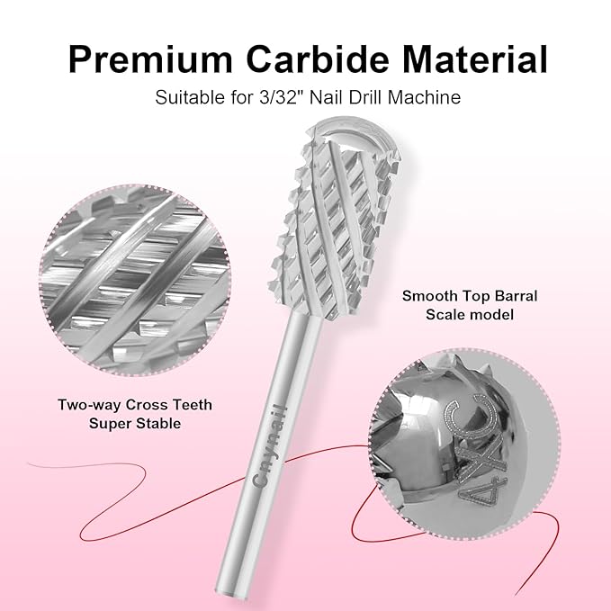 3/32" Large Barrel Smooth Round Top Tungsten Carbide Nail Drill Bit Safety Bit for Gel & Acrylic Removal, 2-Way Rotating Efile Tip, Salon Electric File Accessory (4XC Grit, Silver)