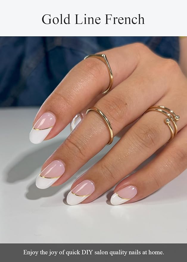 Semi Cured Gel Nail Strips (Gold Line French), White, 30 Pcs Gel Nail Wraps, Stickers, UV Light Required