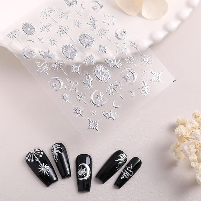 3D Celestial Nail Art Stickers, Gold and Silver Moon Star Design, Self-Adhesive Decals for DIY Nail Decoration, 2 Sheets