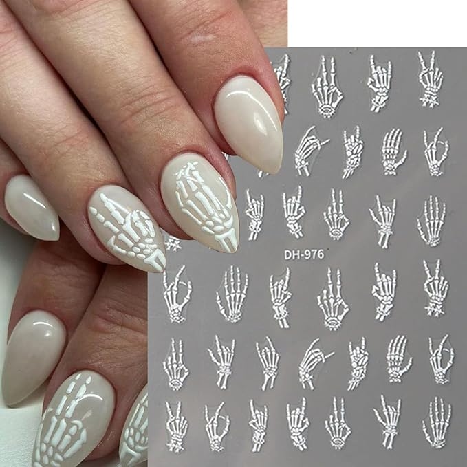Halloween Nail Art Stickers Decals 3D Finger Bone Nail Stickers 4PCS Black White Gold Silver Fantasy Bone Design Halloween Nails Adhesive Decals Supply for Women Holiday Manicure Nail Art Decorations