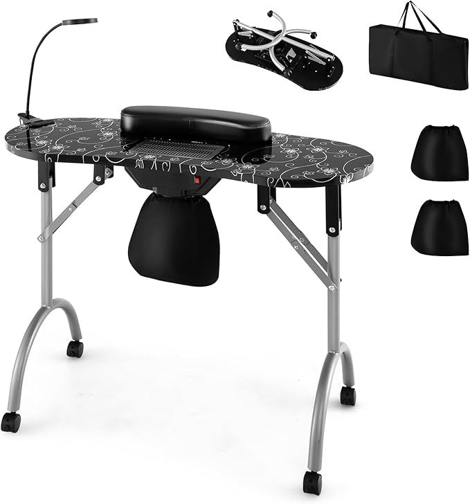 GOFLAME Manicure Nail Table, Foldable Nail Technician Desk w/Electric Downdraft Vent, Bendable LED Lamp, Removable Armrest Pad, Dust Bag, Manicure Table with Lockable Wheels for Home, Salon, Black