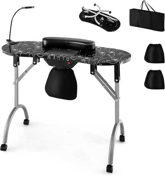 GOFLAME Manicure Nail Table, Foldable Nail Technician Desk w/Electric Downdraft Vent, Bendable LED Lamp, Removable Armrest Pad, Dust Bag, Manicure Table with Lockable Wheels for Home, Salon, Black