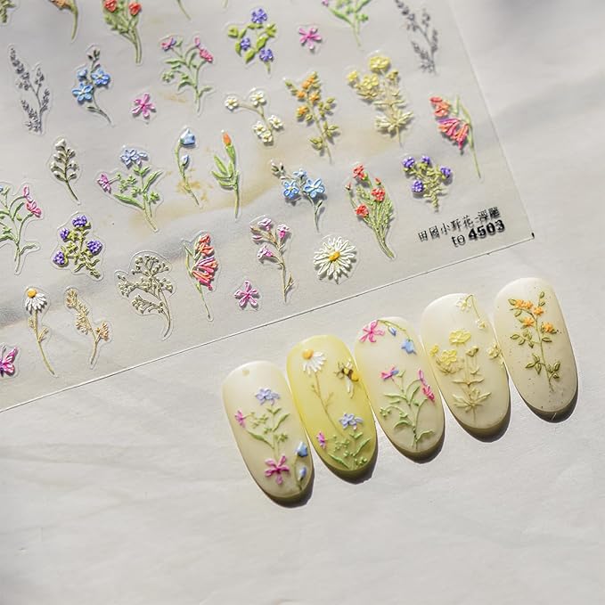 Flower Nail Stickers 5D Embossed Flowers Nail Art Stickers Spring Summer Floral Leaf Plant Nail Decals Self-Adhesive Nails Supply Manicure Sliders for Women Girls Nails Art Decoration