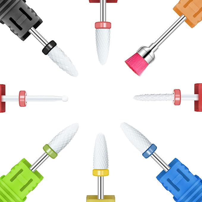 8 Pcs Ceramic Nail Drill Bits Set with Holder for Electric Nail File Manicure Pedicure Acrylic Gel Polishing - 5 Sizes 3/32'' (2.35mm) Corn Head + Flame Top, Cuticle Bits, Cleaning Brush