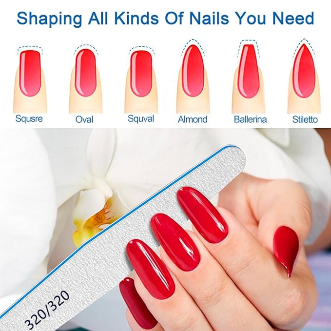 12pcs Nail Files, Professional 320/320 Grit Nail File for Natural, Acrylic Gel Nails or Thick Nails, Reusable Double-Sided Emery Board Nail Files