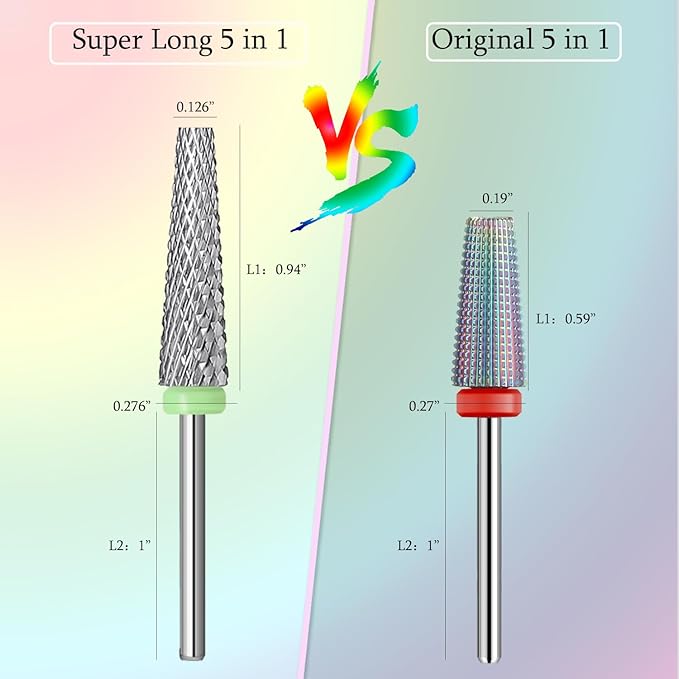 Super Long 5 in 1 Nail Drill Bits,Two Way Rotary Nail Cleaner Carbide Tungsten Nail Bits, Suitable for Manicure Pedicure Cuticle Gel Polishing Acrylic Hard Gels (Sliver, Coarse-C)