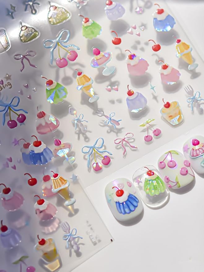 Sweet Desserts Nail Stickers 5D Embossed – Premium Salon-Quality Nail Charm Accessories, Easy Application & Self-Adhesive Cherry Cake Bowknot for DIY Manicure, Nail Art, Press on, Home or Salon Use