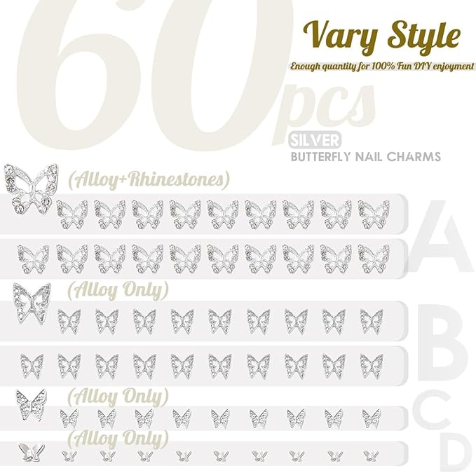 Silver Butterfly Nail Charms, 40pcs 3D Charms for Acrylic Nails, 20 Butterflies Rhinestones Gems +20 Alloy Studs, Art Jewels Diamonds Decor Supplies Nails DIY