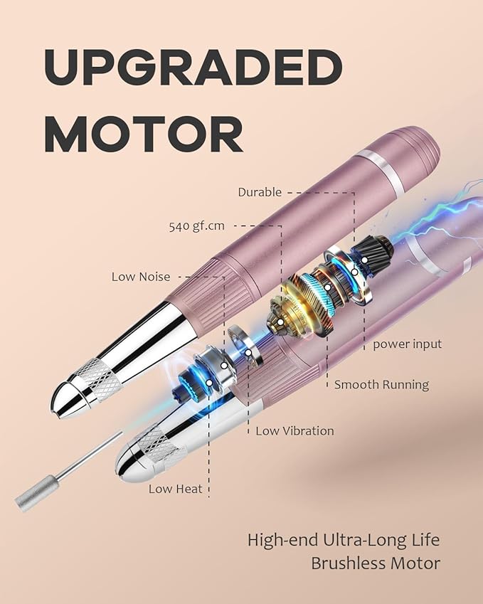 45000 RPM Nail Drill - Brushless Cordless Efile LCD Display & Heat Reduction Tech for Acrylic Gel Nails (White)