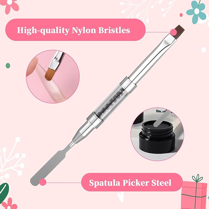 3Pcs Hard Gel Nail Brushes, Dual-Ended French Tip Nail Gels Liner Brush Rhinestone Handle Nails Brush, Builder Gel Liner Brushes for Professional Nails Art French Manicure Design