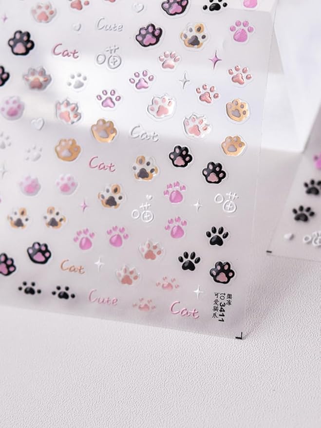 Cat Paws Nail Stickers 5D Embossed – Premium Salon-Quality Nail Charm Accessories, Easy Application & Self-Adhesive Cute Kitten Paw Cats Decal for DIY Manicure, Nail Art, Press on, Home or Salon Use