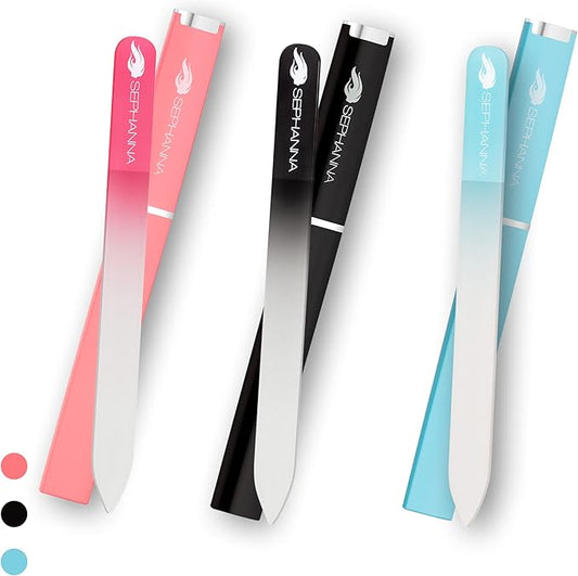 3 Pack Crystal Glass Finger Nail File with Case for Natural Nail Professional Glass Nail File for Unisex, Portable Crystal Nail File with Case Czech Glass File Double-Sided for Natural & Acrylic Nails