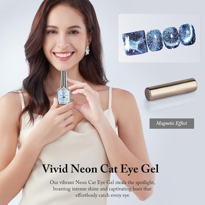 Cat Eye Gel Nail Polish Set with Rhinestone -15ml, Magnetic Wand Included, 28 Days Long-Lasting, Luxe Luster