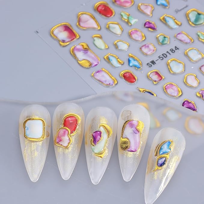 Marble Nail Art Stickers 5D Embossed Gold Line Marble Nail Decals 2PCS Gradient Bloom Metallic Irregular Grain Design Self-Adhesive Manicure Stickers Accessories for Women DIY Nail Art Decorations
