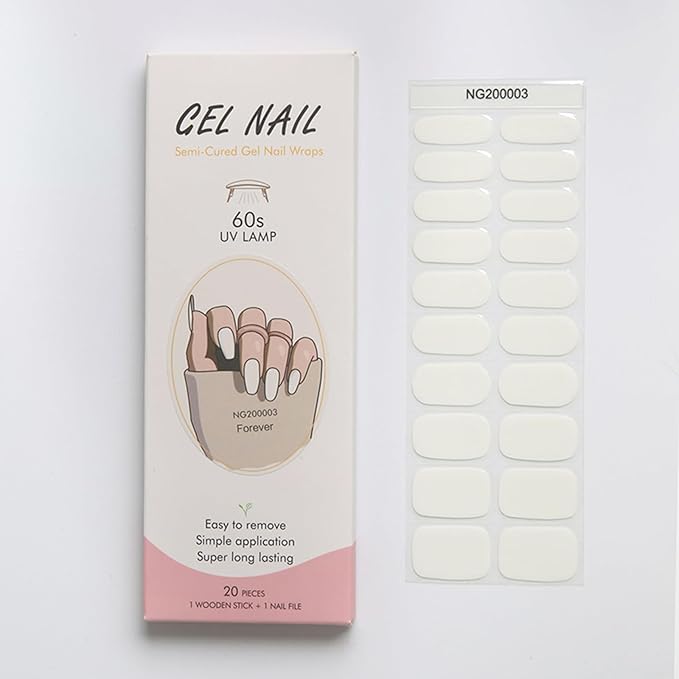 20pcs Semi Cured Gel Nail Strips, Real Nail Polish Art Stickers, Pure White Gel Nail Stickers - Work with Any UV Lamp, Long Lasting Full Wraps with Nails File and Stick