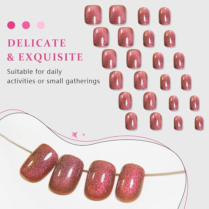 evpct Pink Purple Cat Eye Extra Short Press on Nails Square, Short Square Glue on Nails for Women Gift, Pink Purple Metallic Glitter Glossy Reusable Gel Press on Acrylic Fake Nail with Designs