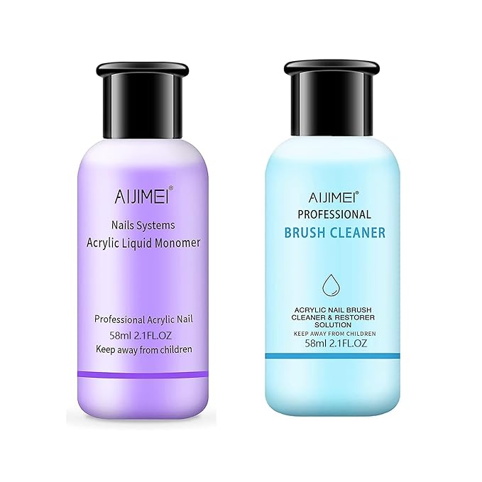 AIJIMEI Professional Acrylic Liquid Monomer and Brush Cleaner Set, 2.1 FL OZ Each, Acrylic Nail System Solution for Acrylic Nail Powders