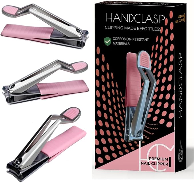 Nail Clippers for Women, Fingernails, Premium Stainless Steel, Ultra Sharp Curved Edge, Wide Jaw, Ergonomic, Thumb Rest for Comfort, Special Needs, Arthritis Friendly Grip, Pink, Stylish
