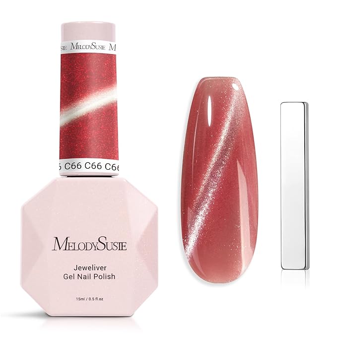 MelodySusie Jeweliver Cat Eye Gel Nail Polish, 0.5 Fl Oz Red Glitter Holographic Magnetic Nail Polish with Magnet, UV Nail Polish for Nail Art Manicure Salon DIY at Home C66