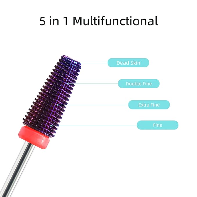 Purple 5 in 1 Nail Drill Bit, 15mm Tapered Drill Bits for Nails, 3/32" Professional Straight Cut Two-way Carbide Nail Bits, Electric Manicure Gel Polish Acrylic Powder Removal Tool, Fine