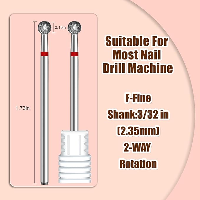 BLESWIN Nail Drill Bit 3/32'', 4MM Ball Shape Nail Bit for Cuticle Dead Skin Nail Prepare, Safety Carbide Diamond Nail Bit, Two Way Rotate, Nail Art Pedicure Manicure Salon & Home, Fine