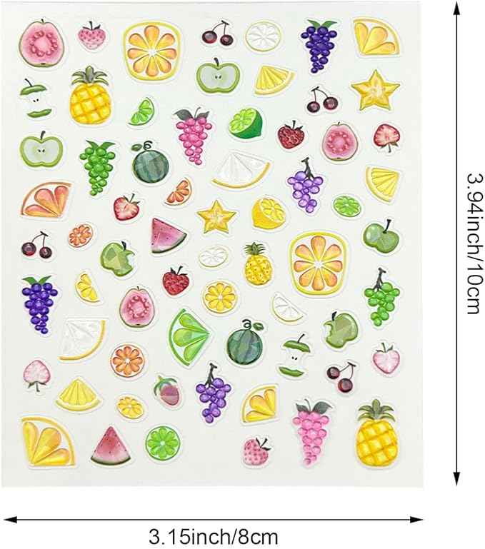 Summer Fruit Nail Art Stickers, 2 Sheets, 5D Embossed Self-Adhesive Decals with Strawberry, Grape, Lemon, Apple, Cherry Design for DIY Nail Decoration